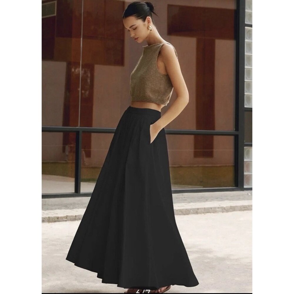 NWT Commense Black Linen Blend Lined Pleated Maxi Skirt w/ Pockets Women's Sz M - Picture 3 of 6